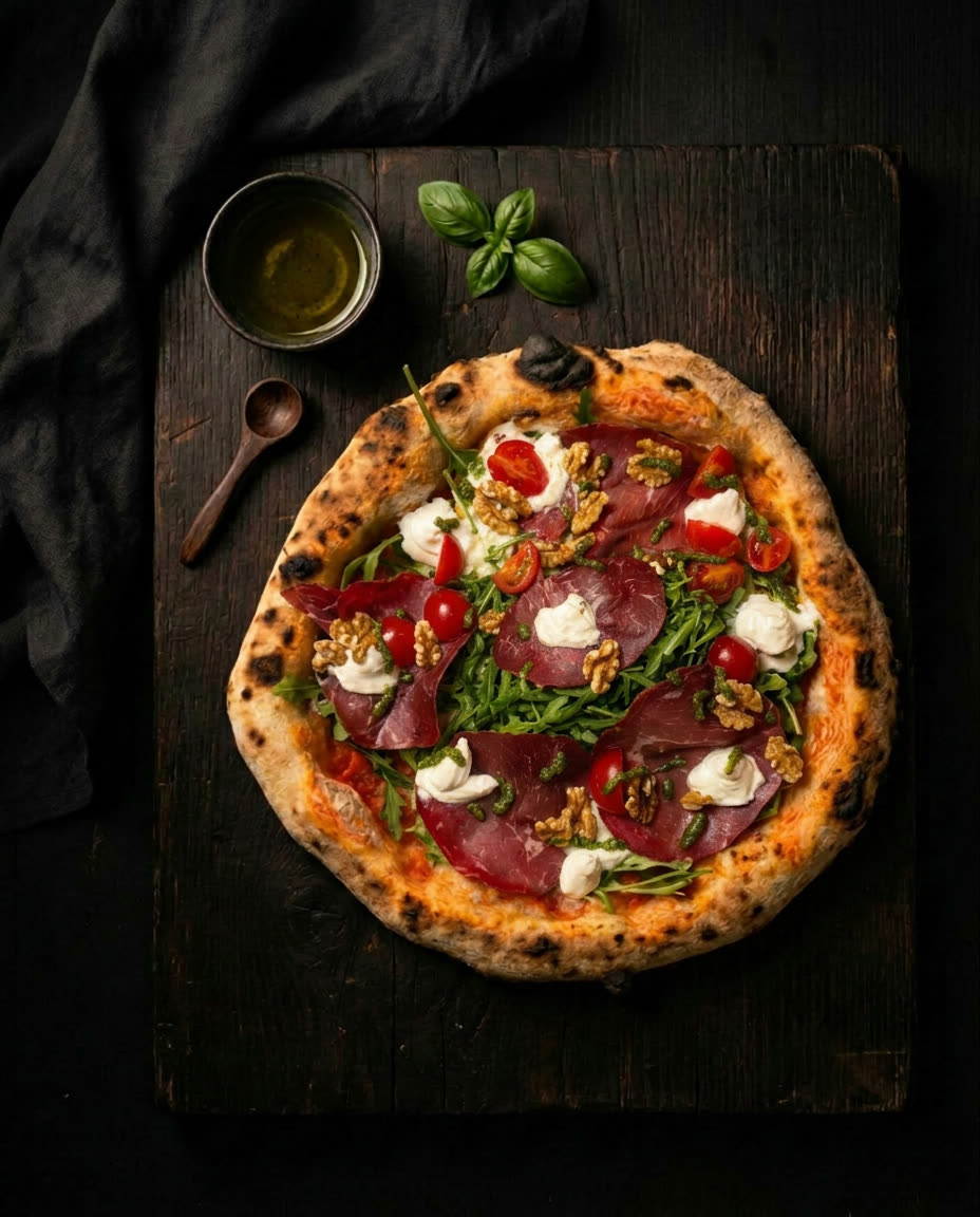 Neapolitanische Pizza Bresaola mit San Marzano Tomaten, Fior di Latte, Rucola, Bresaola D.O.P., Stracciatella, Kirschtomaten, gehackte Walnüsse, Basilikum-Pesto