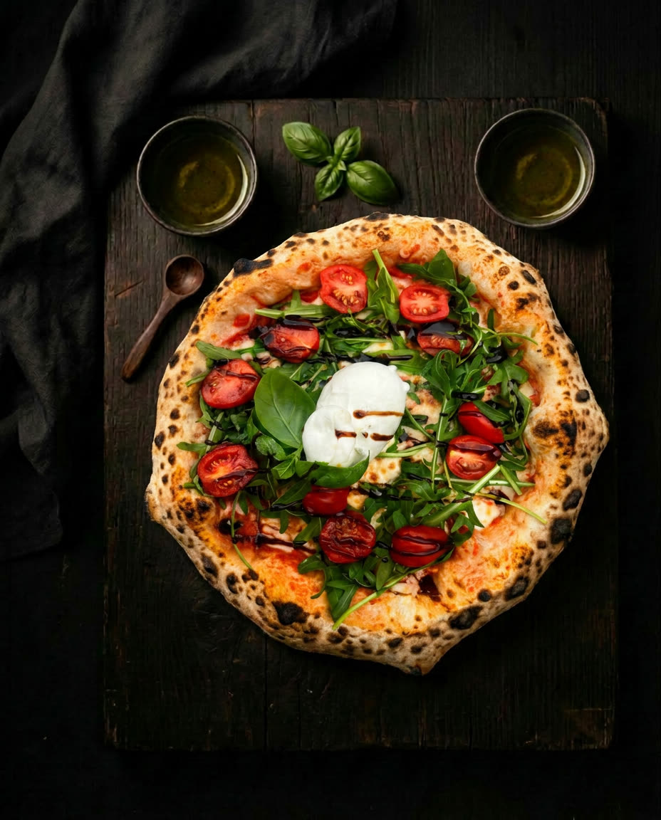 Neapolitanische Pizza Burrata mit San Marzano Tomaten, Fior di Latte, Rucola, Burrata, Kirschtomaten, Basilikum, Balsamicocreme