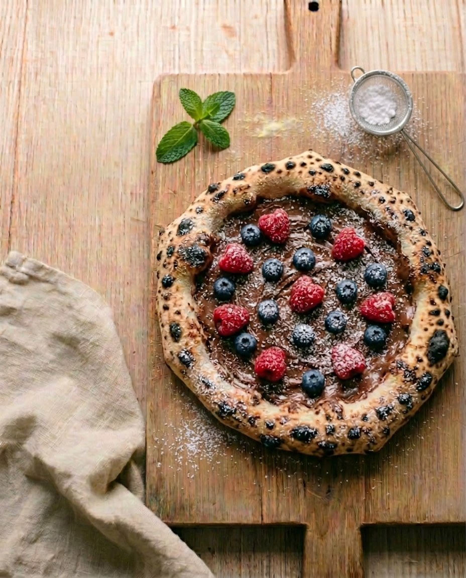 Neapolitanische Pizza Di Elena mit Nutella, Himbeeren, Heidelbeeren, Puderzucker