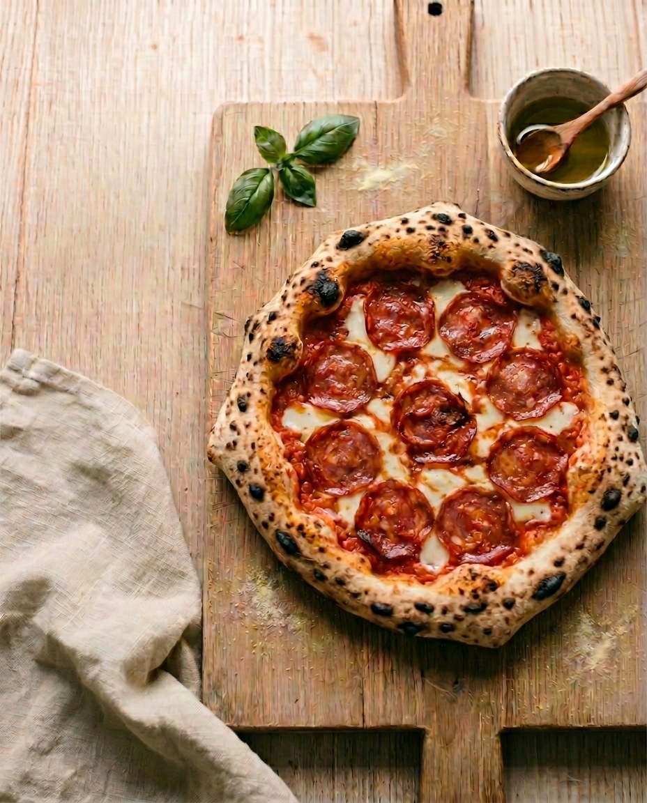 Neapolitanische Pizza Diavola mit San Marzano Tomaten, Fior di Latte, pikante Salami, Chiliöl
