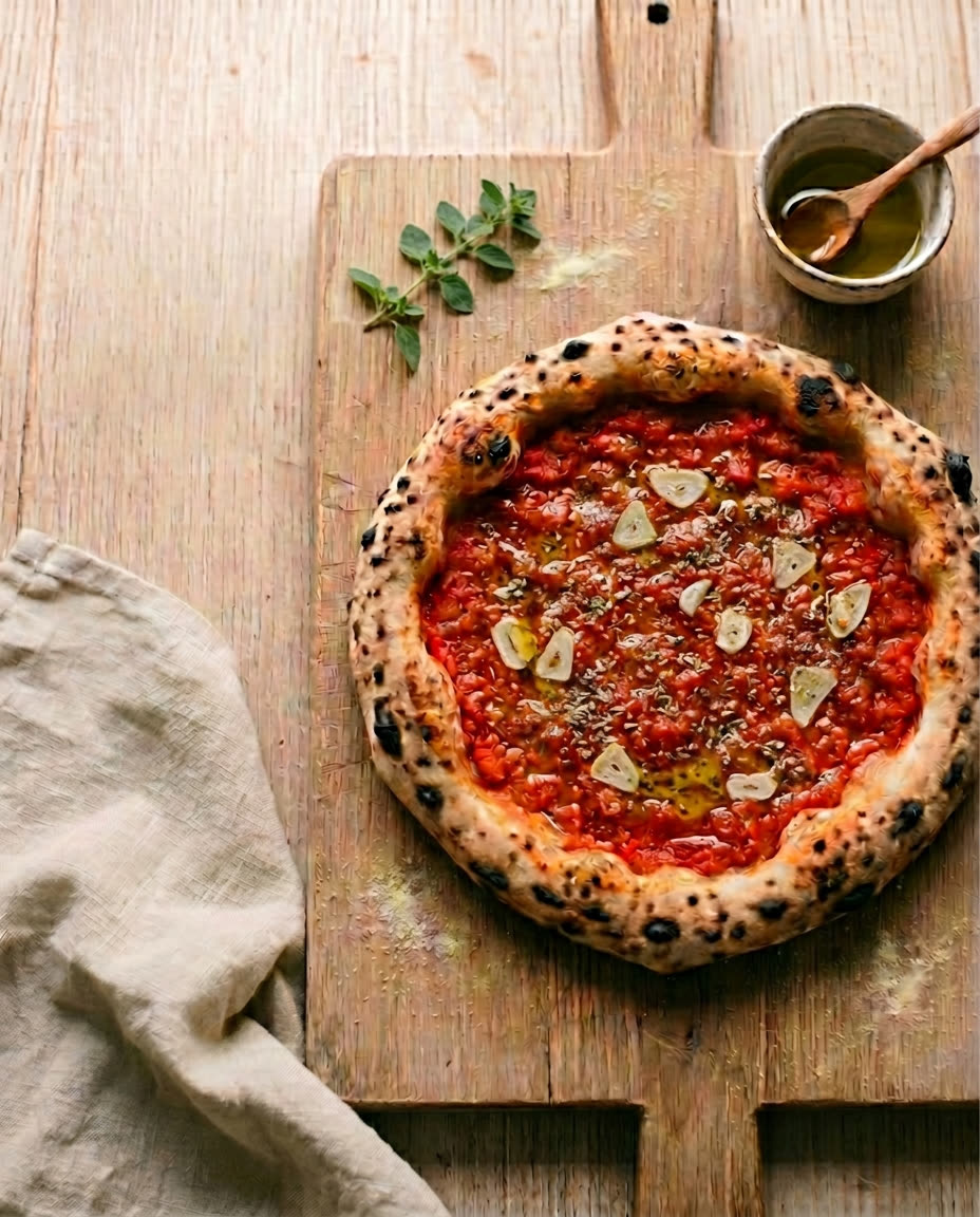 Neapolitanische Pizza Marinara mit San Marzano Tomaten, Knoblauch, Oregano, Olivenöl, Basilikum