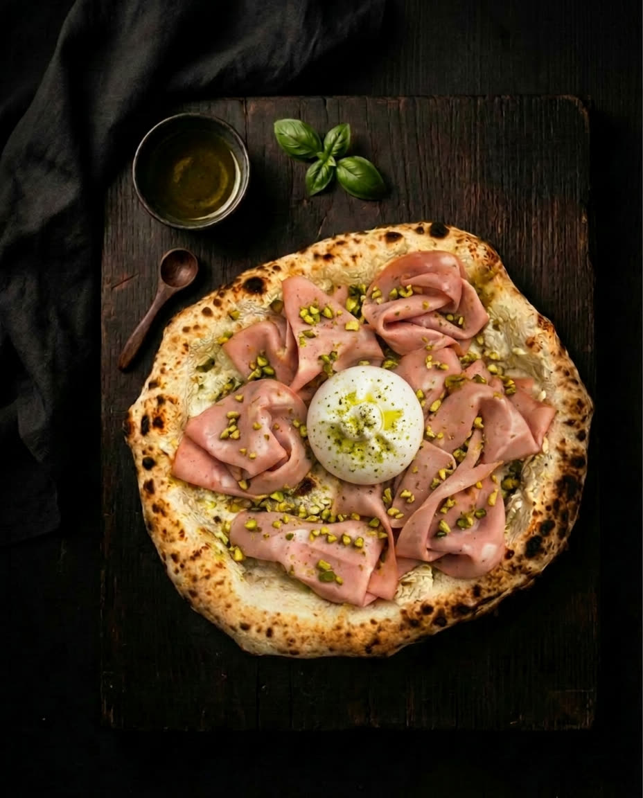 Neapolitanische Pizza Mortadella e Pistacchio mit Ricotta-Basis, Fior di Latte, Burrata, Mortadella D.O.P., Pistazienkerne, Pistazien-Pesto