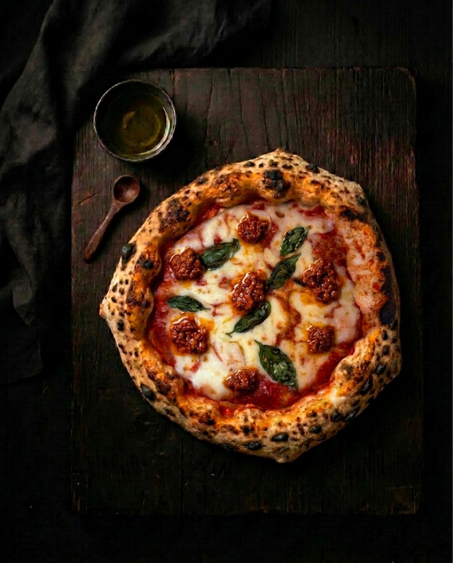 Neapolitanische Pizza 'Nduja di Spilinga mit San Marzano Tomaten, Fior di Latte, 'Nduja di Spilinga
