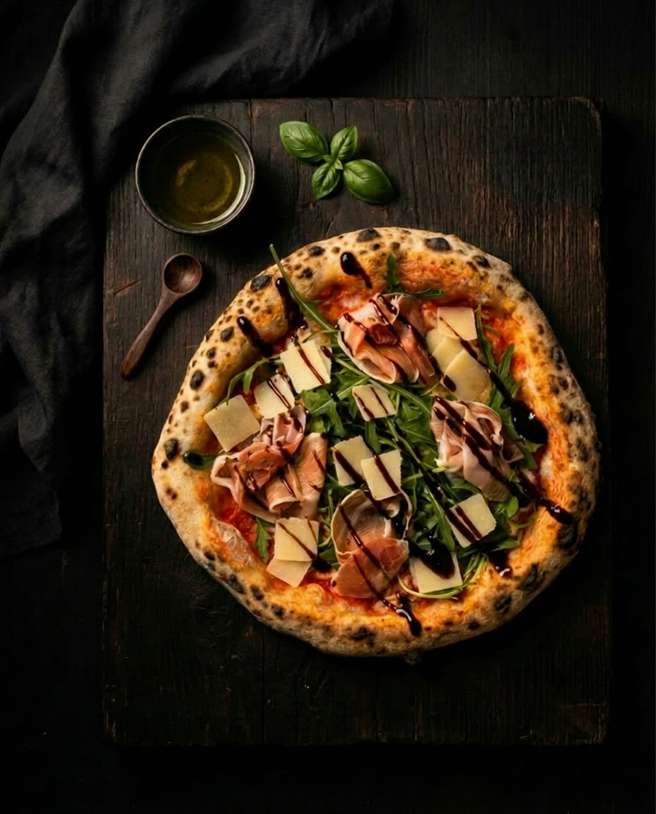 Neapolitanische Pizza Parma mit San Marzano Tomaten, Fior di Latte, Rucola, Parmaschinken D.O.P., Parmesanflakes, Balsamicocreme