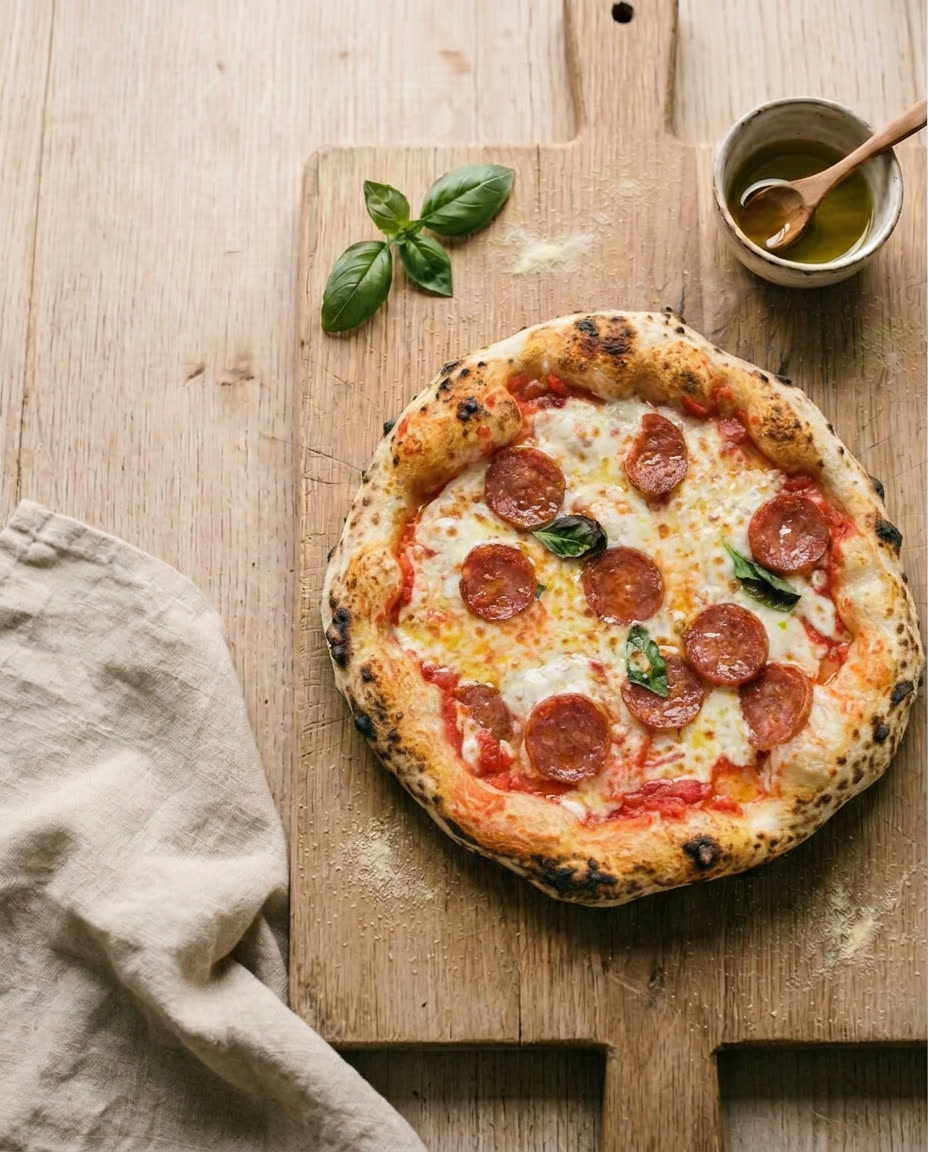 Neapolitanische Pizza Salami mit San Marzano Tomaten, Fior di Latte, feine italienische Salami, Basilikum, Olivenöl