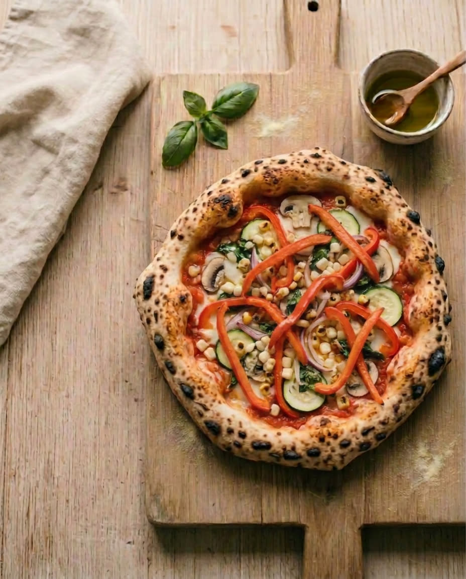 Neapolitanische Pizza Vegetarisch mit San Marzano Tomaten, Fior di Latte, saisonales frisches Gemüse, Olivenöl